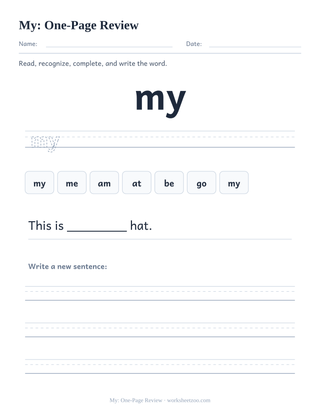 Sight word “my” worksheet, one-page review printable activity