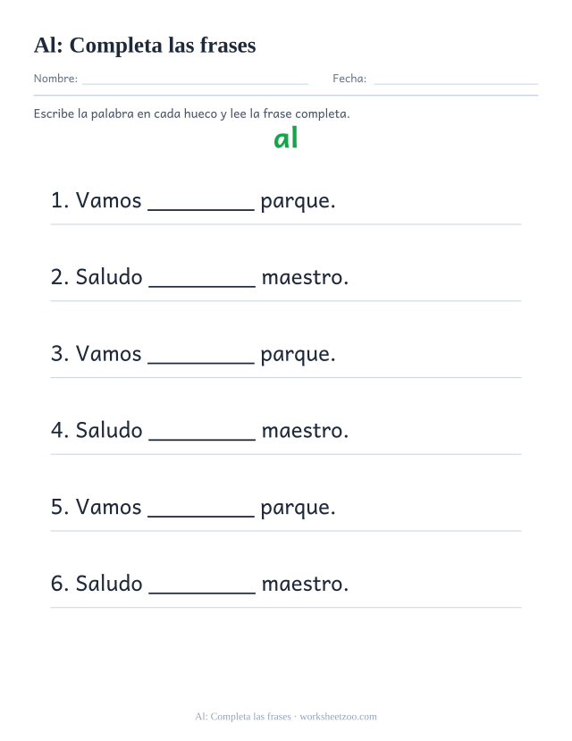 Ficha de la palabra frecuente «al», completa las frases para imprimir