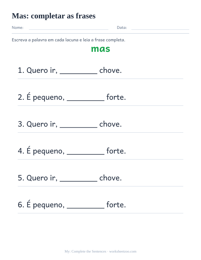 Prévia da palavra frequente “mas”, completar as frases
