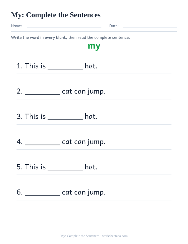 Sight word “my” worksheet, complete the sentences printable activity