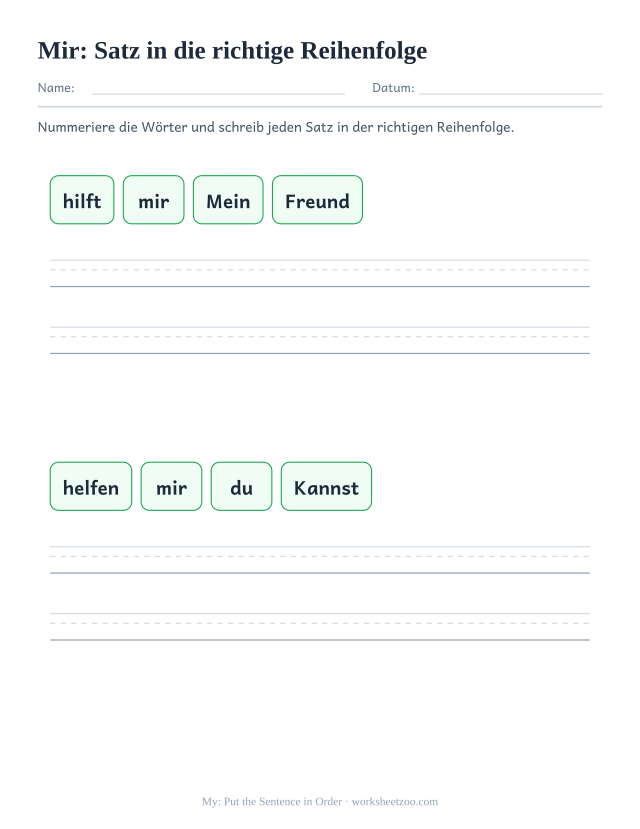 Vorschau: häufiges Wort „mir“, Satz in die richtige Reihenfolge