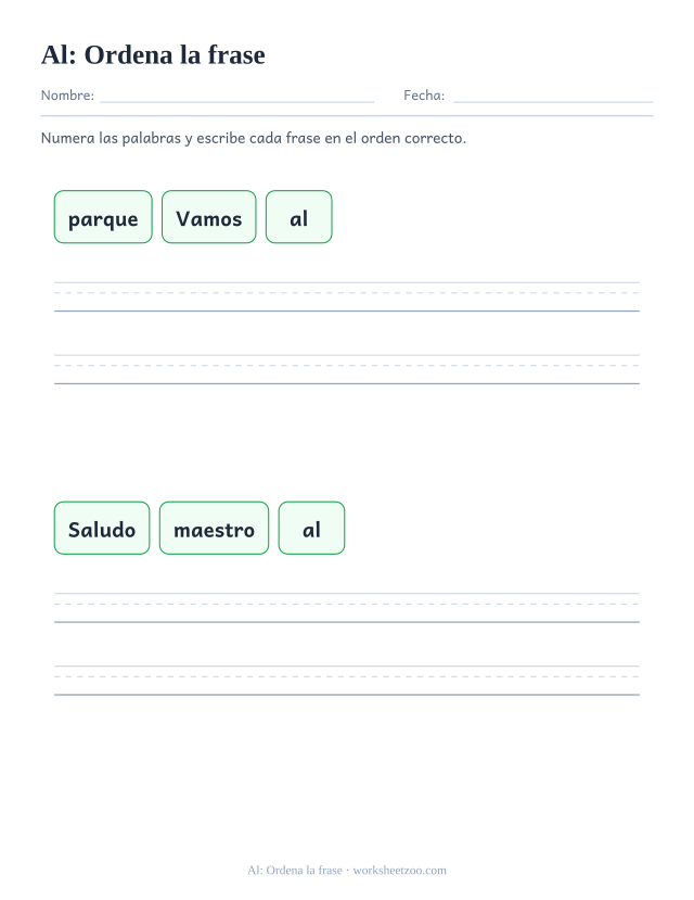Ficha de la palabra frecuente «al», ordena la frase para imprimir