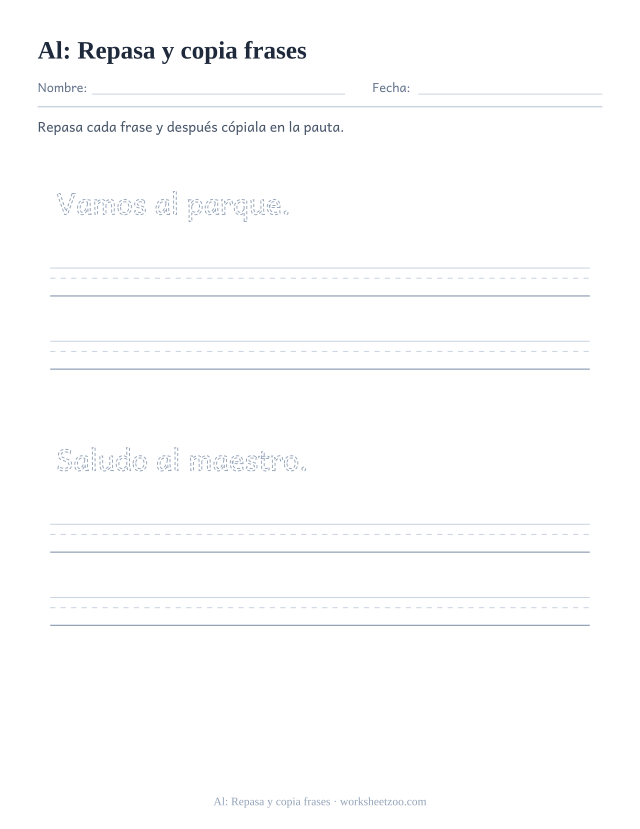 Ficha de la palabra frecuente «al», repasa y copia frases para imprimir