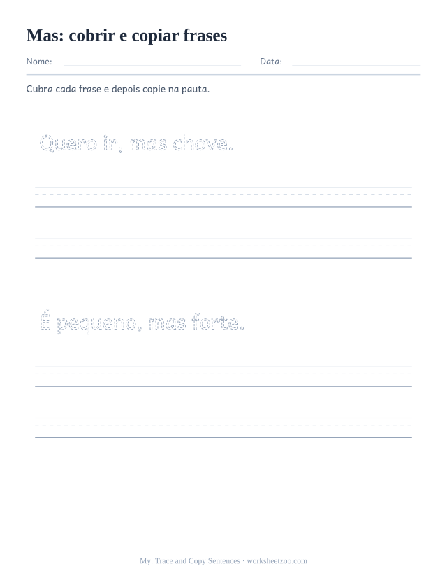 Prévia da palavra frequente “mas”, cobrir e copiar frases