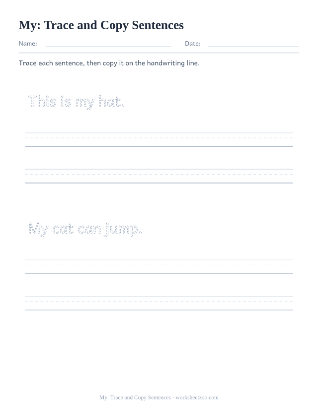 Sight word “my” worksheet, trace and copy sentences printable activity