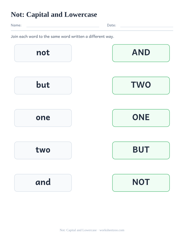 Sight word “not” worksheet, capital and lowercase printable activity