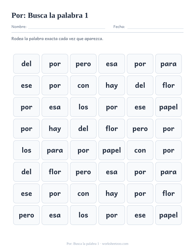 Ficha de la palabra frecuente «por», busca la palabra 1 para imprimir
