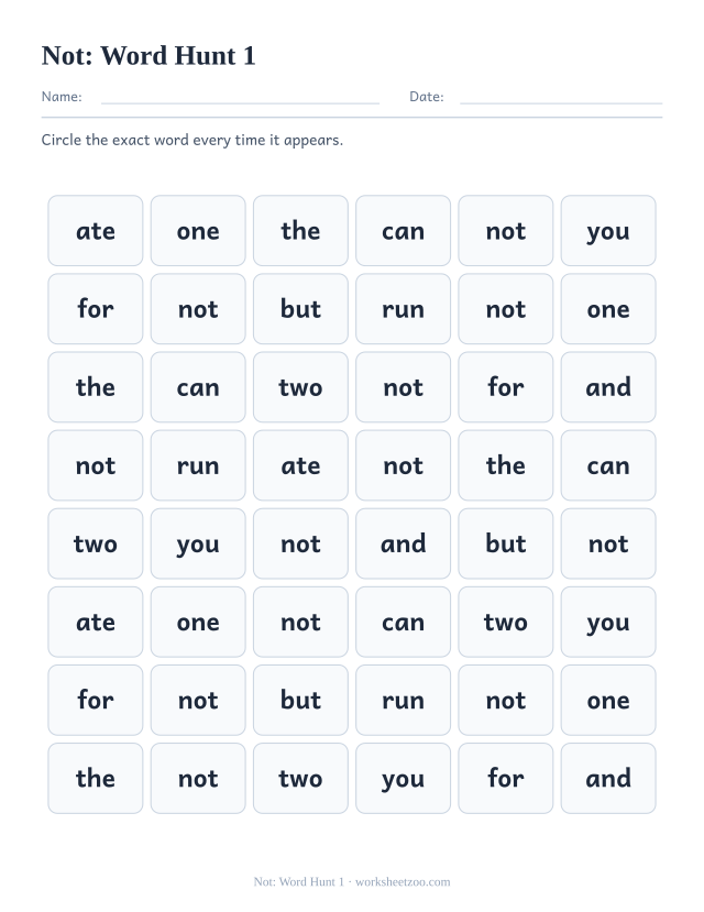 Sight word “not” worksheet, word hunt 1 printable activity