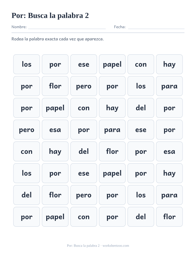 Ficha de la palabra frecuente «por», busca la palabra 2 para imprimir