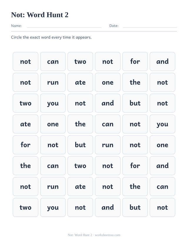 Sight word “not” worksheet, word hunt 2 printable activity