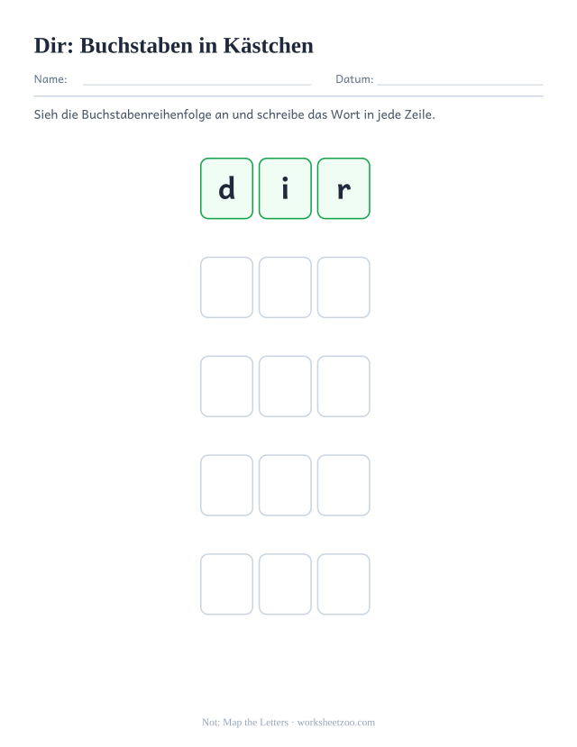 Vorschau: häufiges Wort „dir“, Buchstaben in Kästchen