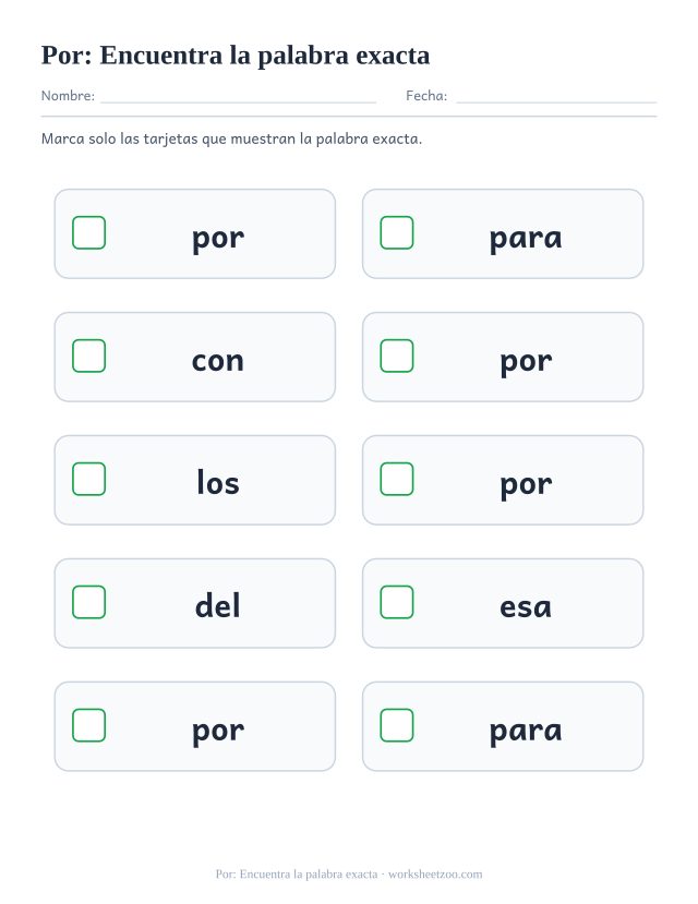 Ficha de la palabra frecuente «por», encuentra la palabra exacta para imprimir