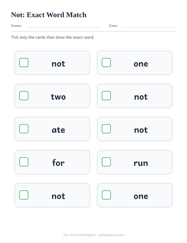 Sight word “not” worksheet, exact word match printable activity