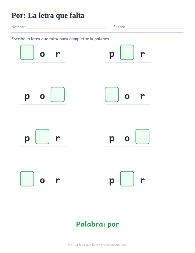 Ficha de la palabra frecuente «por», la letra que falta para imprimir