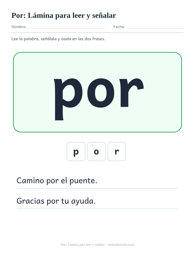 Ficha de la palabra frecuente «por», lámina para leer y señalar para imprimir