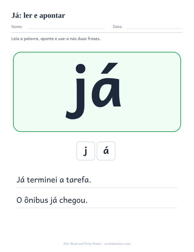 Prévia da palavra frequente “já”, ler e apontar