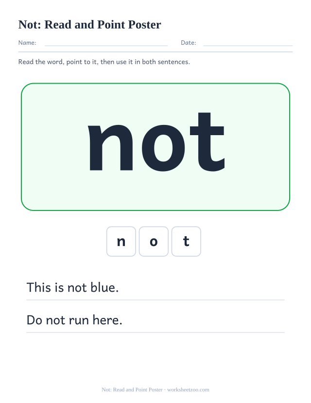 Sight word “not” worksheet, read and point poster printable activity