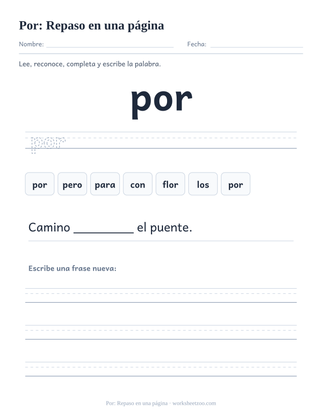 Ficha de la palabra frecuente «por», repaso en una página para imprimir