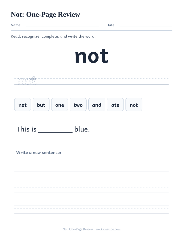 Sight word “not” worksheet, one-page review printable activity