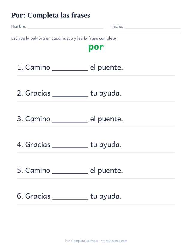 Ficha de la palabra frecuente «por», completa las frases para imprimir