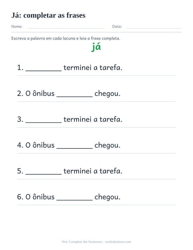 Prévia da palavra frequente “já”, completar as frases