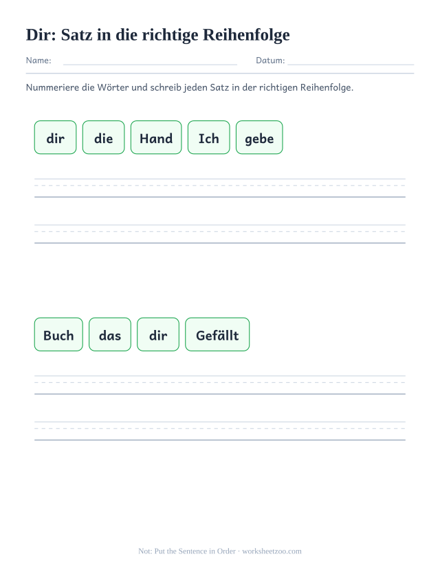Vorschau: häufiges Wort „dir“, Satz in die richtige Reihenfolge