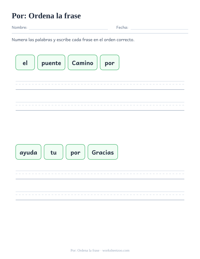 Ficha de la palabra frecuente «por», ordena la frase para imprimir