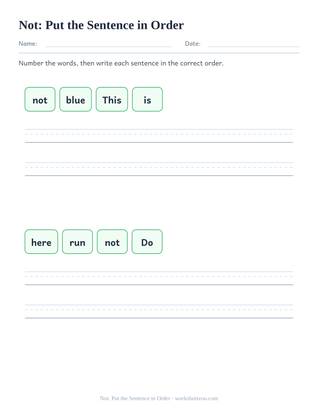Sight word “not” worksheet, put the sentence in order printable activity