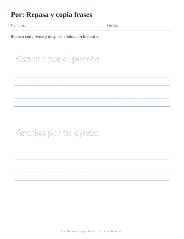 Ficha de la palabra frecuente «por», repasa y copia frases para imprimir