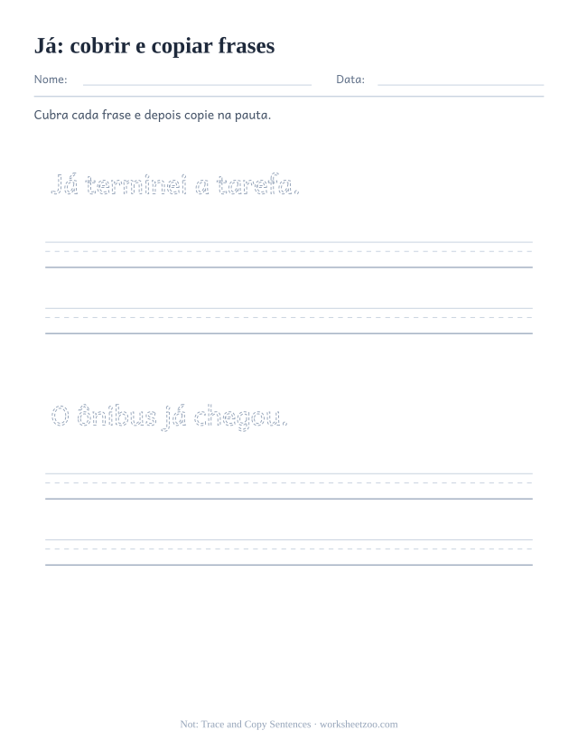 Prévia da palavra frequente “já”, cobrir e copiar frases
