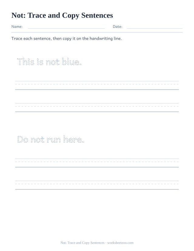 Sight word “not” worksheet, trace and copy sentences printable activity