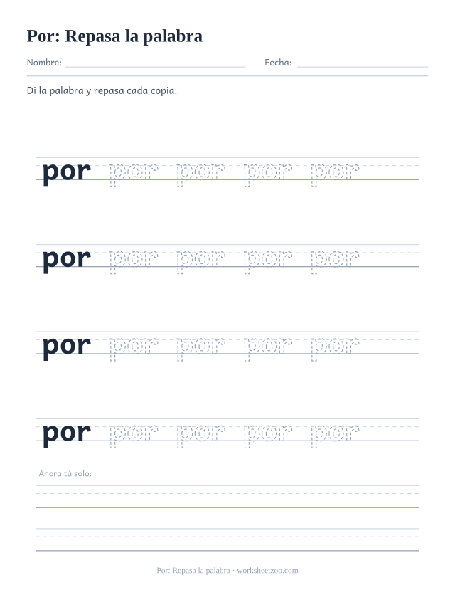 Ficha de la palabra frecuente «por», repasa la palabra para imprimir