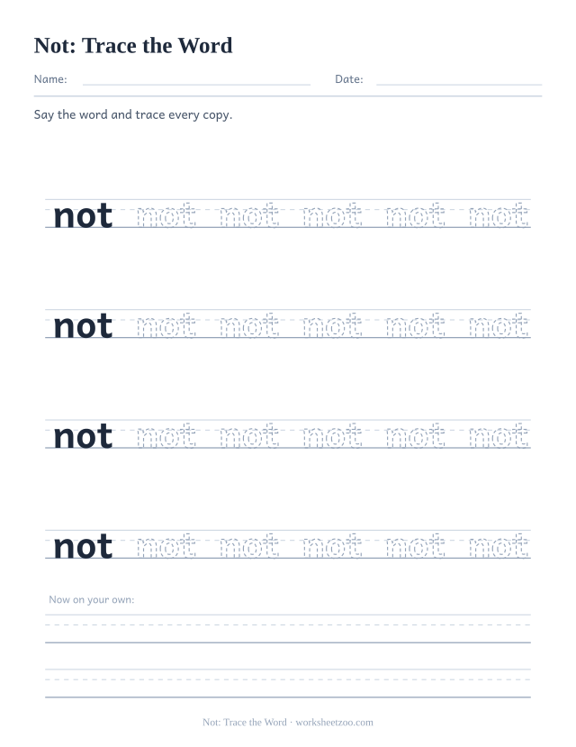 Sight word “not” worksheet, trace the word printable activity