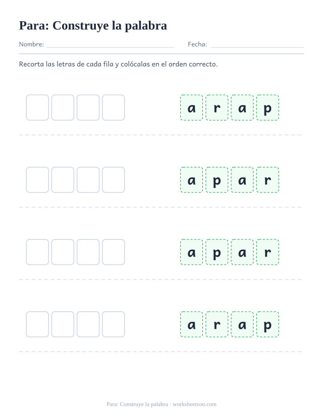 Ficha de la palabra frecuente «para», construye la palabra para imprimir