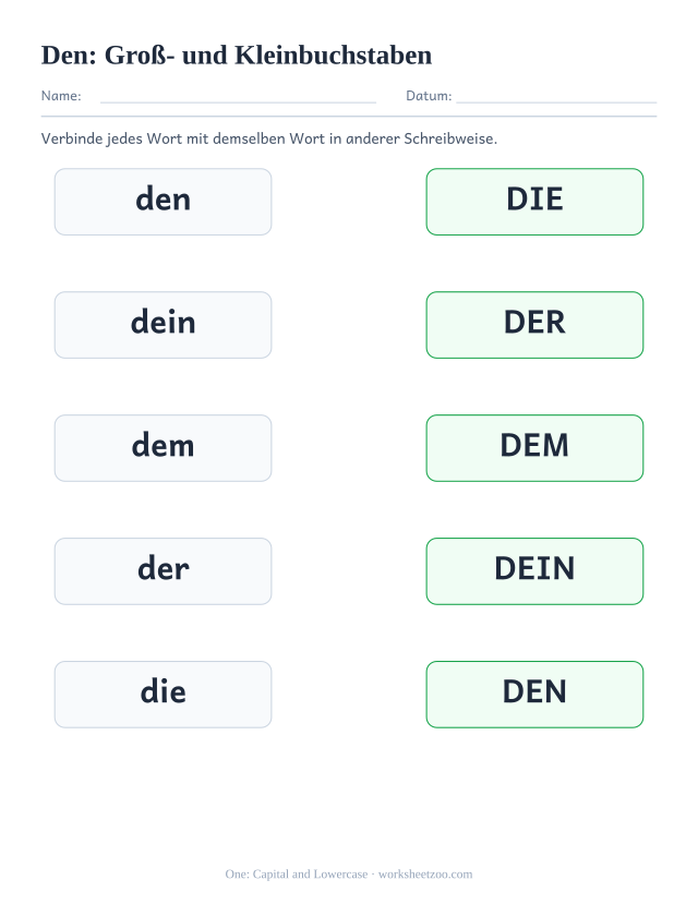 Vorschau: häufiges Wort „den“, Groß- und Kleinbuchstaben