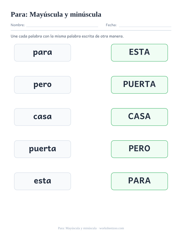 Ficha de la palabra frecuente «para», mayúscula y minúscula para imprimir