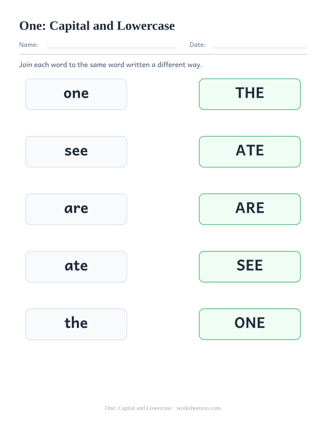 Sight word “one” worksheet, capital and lowercase printable activity