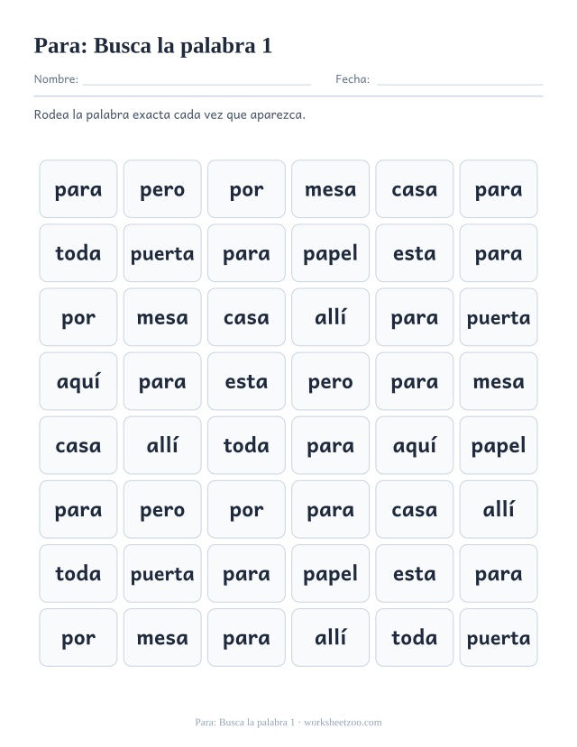 Ficha de la palabra frecuente «para», busca la palabra 1 para imprimir