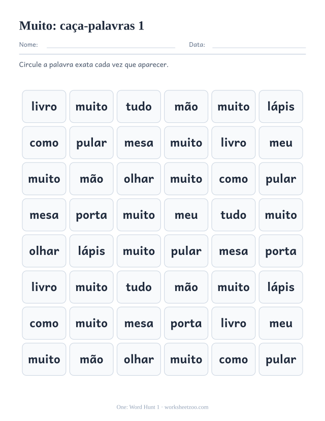Prévia da palavra frequente “muito”, caça-palavras 1