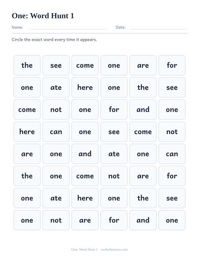 Sight word “one” worksheet, word hunt 1 printable activity