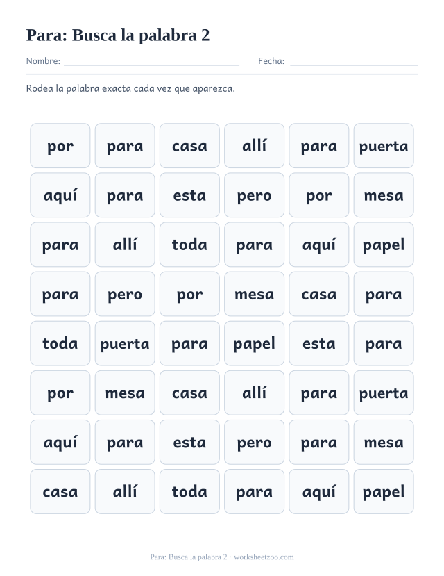 Ficha de la palabra frecuente «para», busca la palabra 2 para imprimir