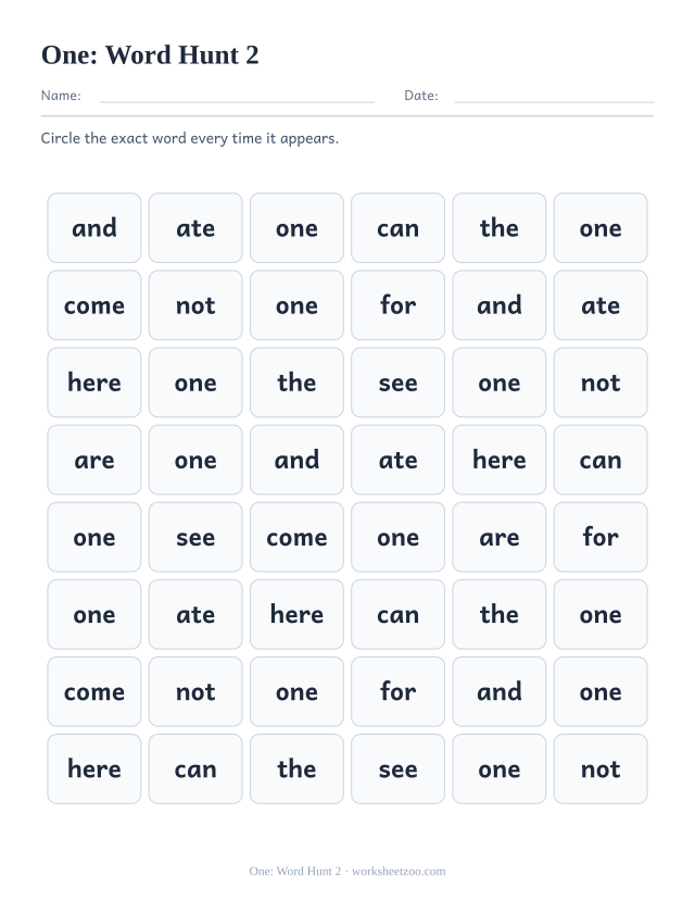Sight word “one” worksheet, word hunt 2 printable activity