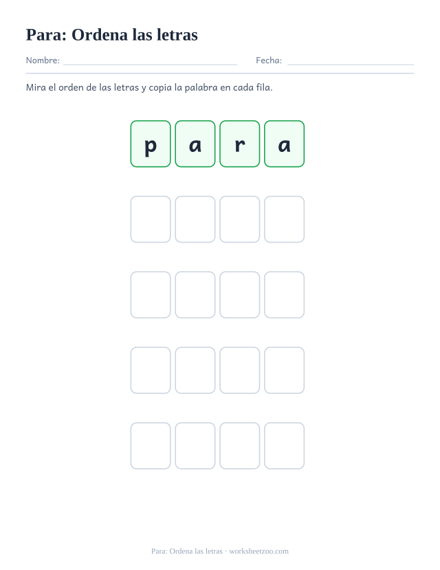 Ficha de la palabra frecuente «para», ordena las letras para imprimir