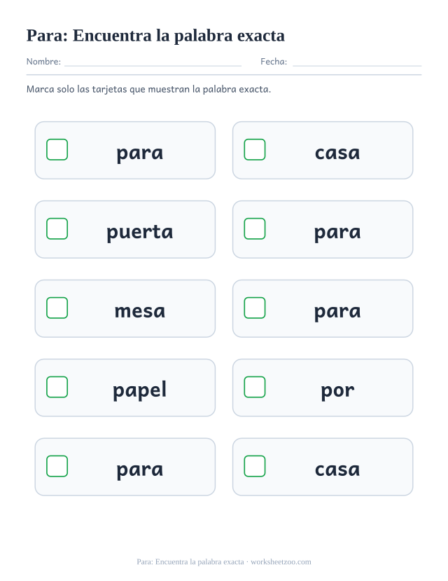 Ficha de la palabra frecuente «para», encuentra la palabra exacta para imprimir