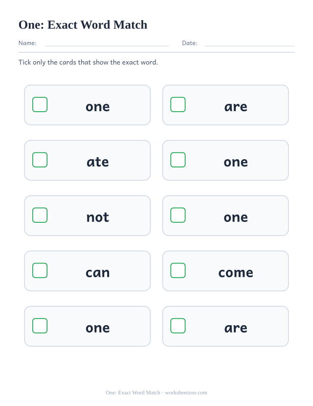 Sight word “one” worksheet, exact word match printable activity