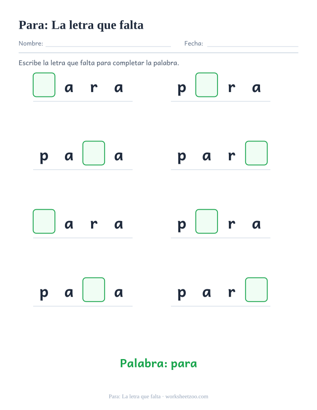 Ficha de la palabra frecuente «para», la letra que falta para imprimir