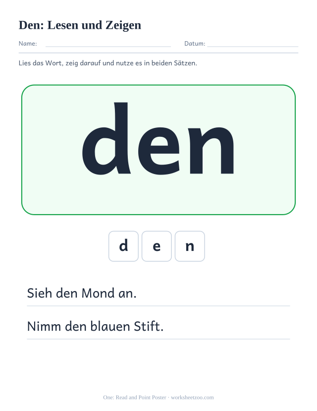 Vorschau: häufiges Wort „den“, Lesen und Zeigen