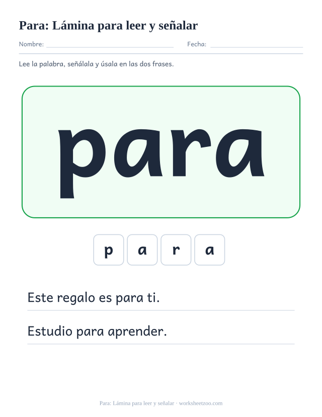 Ficha de la palabra frecuente «para», lámina para leer y señalar para imprimir