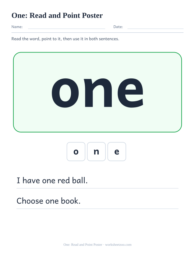 Sight word “one” worksheet, read and point poster printable activity