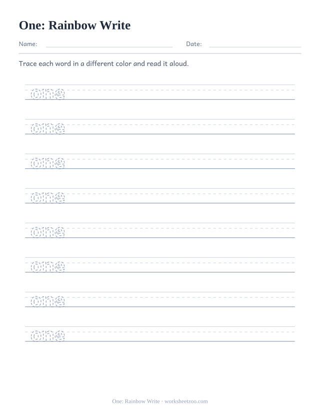 Sight word “one” worksheet, rainbow write printable activity